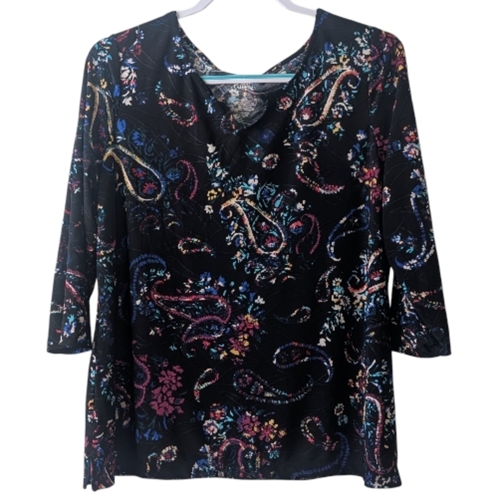 CROFT & BARROW WOMEN'S VIBRANT PAISLEY TEXTURE PRINT 3/4 SLEEVE BLOUSE SZ PXL